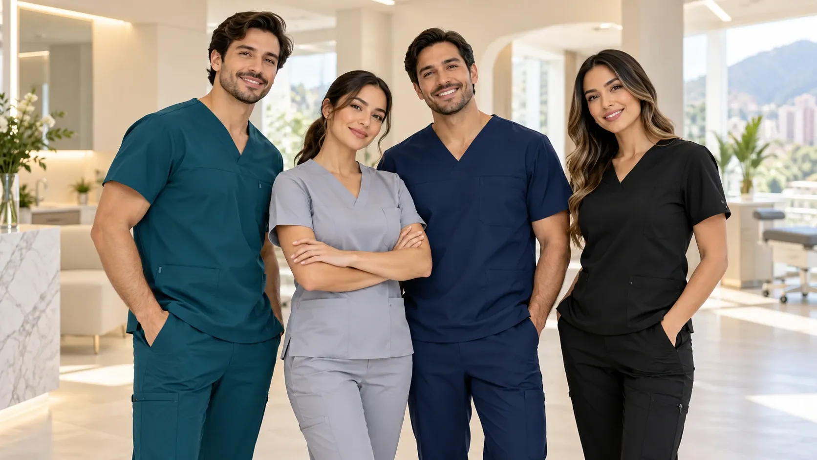 Equipo de profesionales de la salud con uniformes antifluido en distintos colores