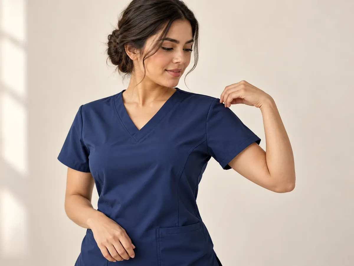 Mujer con blusa antifluido azul oscuro mostrando el ajuste